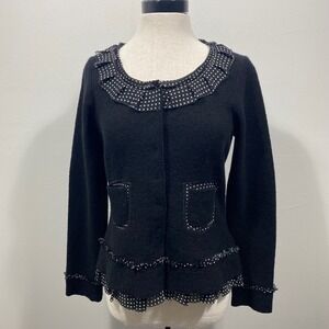 Anthropologie Sparrow Women's M Black Merino Wool Polka Dot Ruffle Cardi Sweater